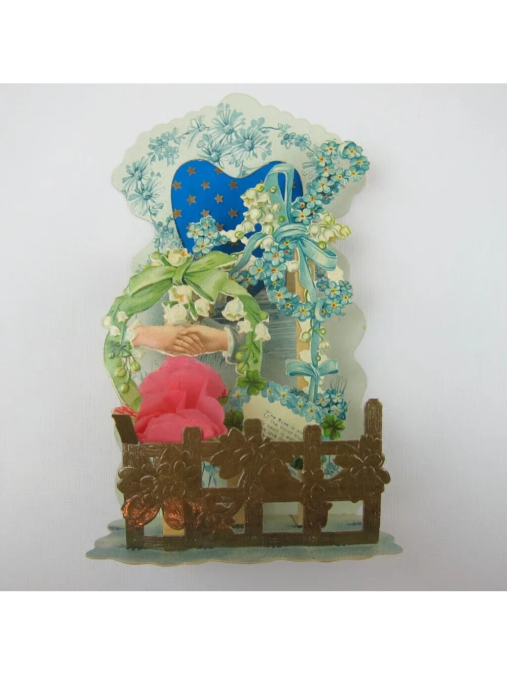 Antique Valentine Honeycomb 3D Pop Up Blue Heart Gold Stars Flowers Fence Hands